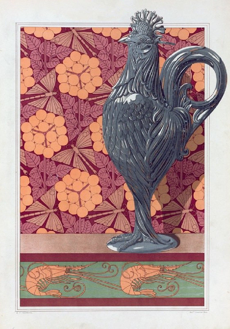 Coq, vase argent ciselé. Ombelles et libellules, jeu de fond. Crevettes, bordure. (1897) reproduction of painting by Maurice ...