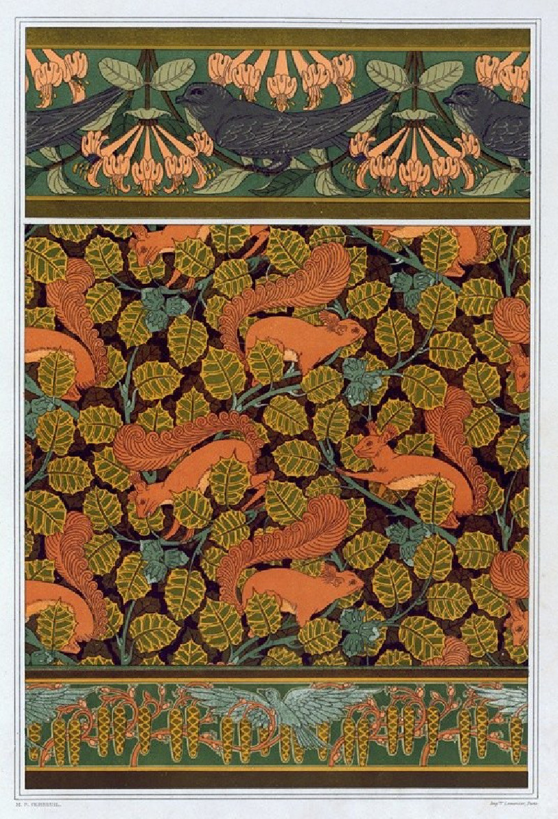 Martinets et chèvrefeuille, bordure. Écureuils et noisetier, papier peint. Oiseaux et noisetier en fleur, bordure. (1897) rep...