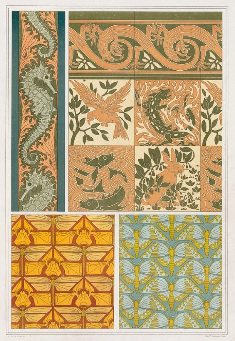 Hippocampes et algues, bordure. Les quatre éléments, carreaux céramiques, et lézards, bordure.1897 (1897) reproduction of pai...