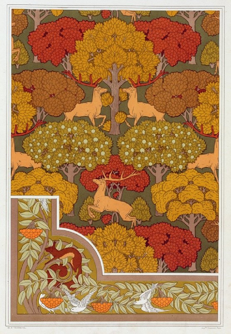 Cerfs et arbres, papier peint. Écureuil oiseaux et sorbier, bordure. (1897) reproduction of painting by Maurice Pillard Verne...