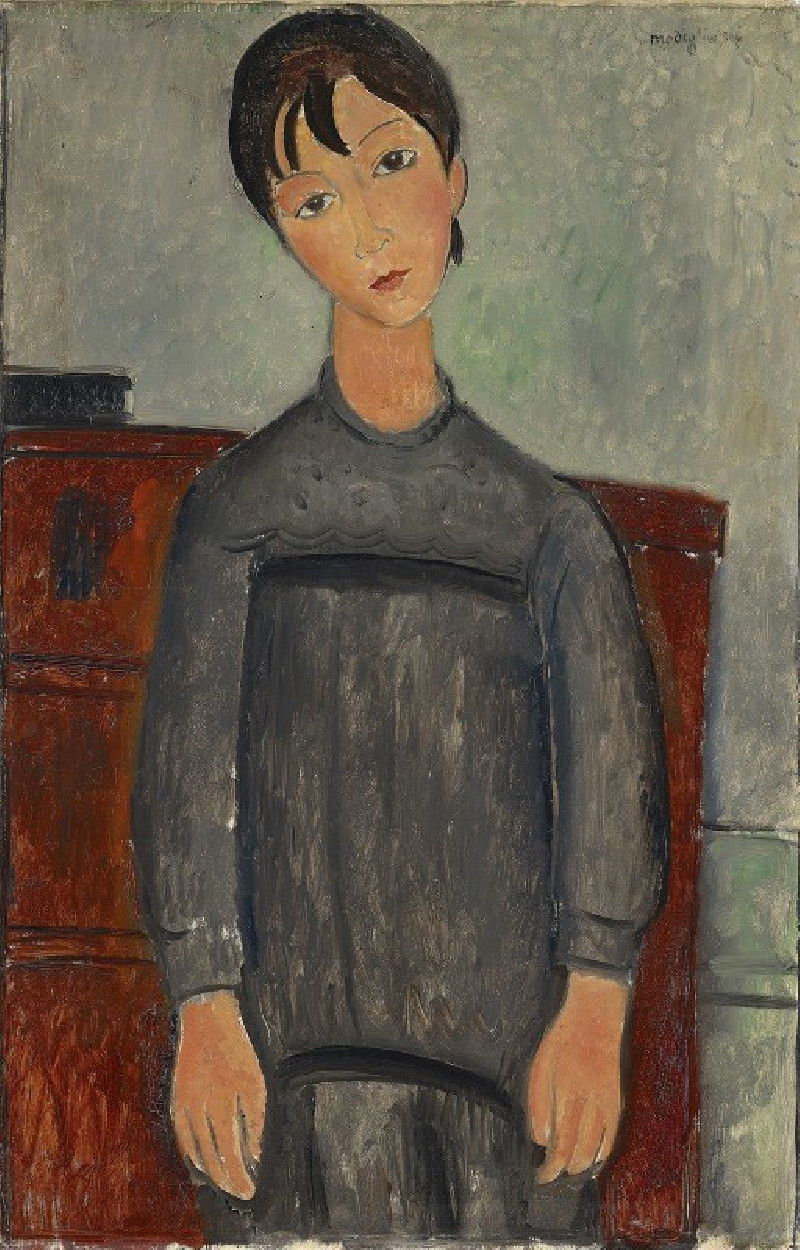 Girl Standing In Black Pinafore (1918) reproduction of painting by Amedeo Modigliani. ALL GICLEE PRINTS