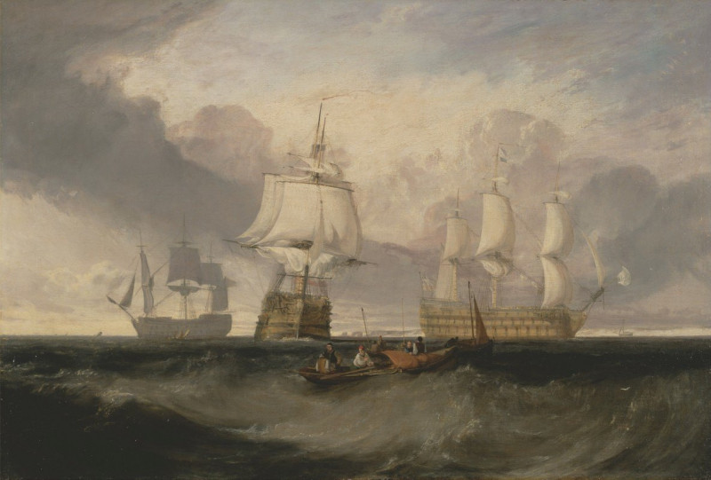 The Victory Returning from Trafalgar, in Three Positions (ca. 1806) reproduction of painting by Joseph Mallord William Turner...