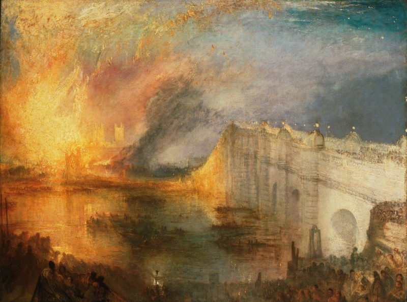 The Burning of the Houses of Lords and Commons, October 16, 1834 reproduction of painting by Joseph Mallord William Turner. A...