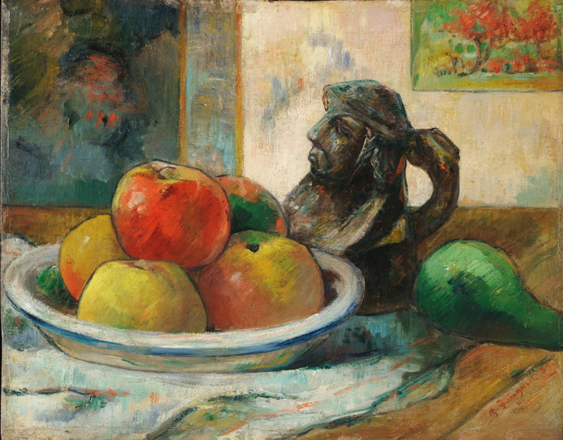 Still Life with Apples, a Pear, and a Ceramic Portrait Jug (1889) reproduction of painting by Paul Gauguin. Still-life