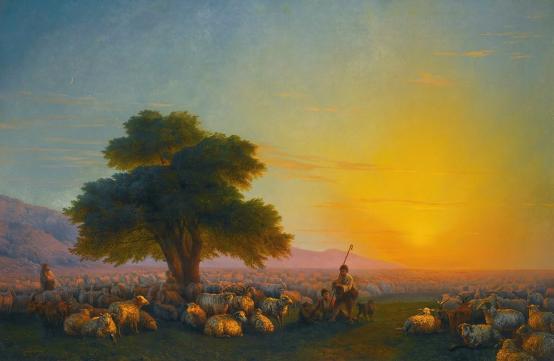 Shepherds With Their Flock At Sunset (1859) reproduction of painting by Ivan Konstantinovich Aivazovsky. ALL GICLEE PRINTS