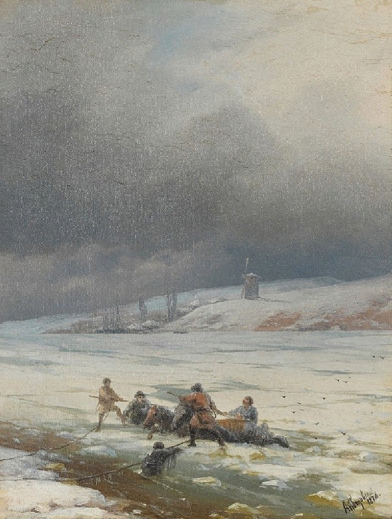 Hauling a Horse and Cart out of the Ice (1876) reproduction of painting by Ivan Konstantinovich Aivazovsky. ALL GICLEE PRINTS