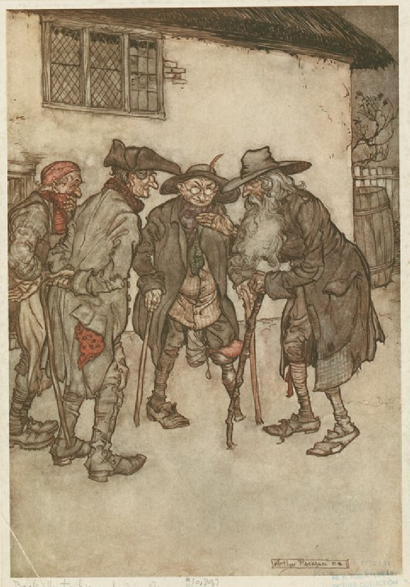 ‘They crowed round him, eyeing him from head to foot with great curiosity.’ (1905) reproduction of painting by Arthur Rackham...