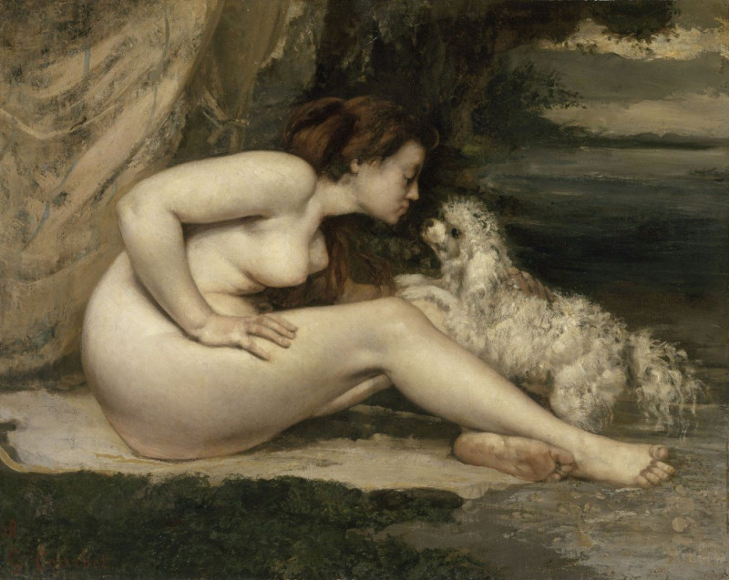 Gustave Courbet reprodukcija Nude Woman With A Dog (1861 - 1862), Aktas , paveikslai, reprodukcijos internetu