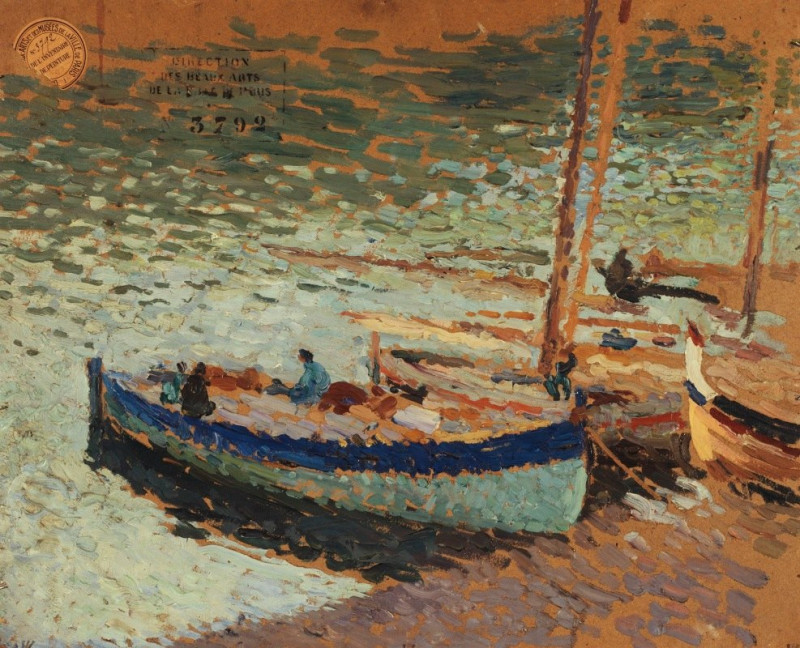 Bouquet de bleuets – Barques au port (1930-1932) reproduction of painting by Henri Martin. ALL GICLEE PRINTS