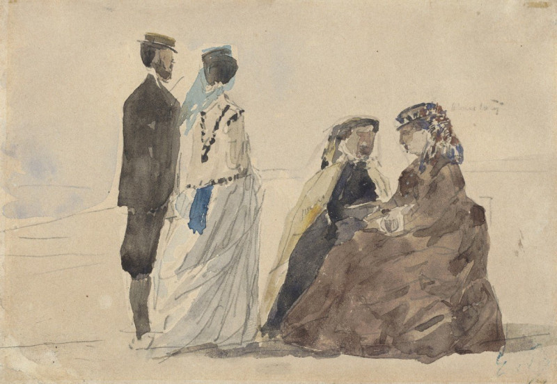 Two Ladies Seated and a Couple Walking on the Beach (c. 1866) reproduction of painting by Eugène Boudin. ALL GICLEE PRINTS