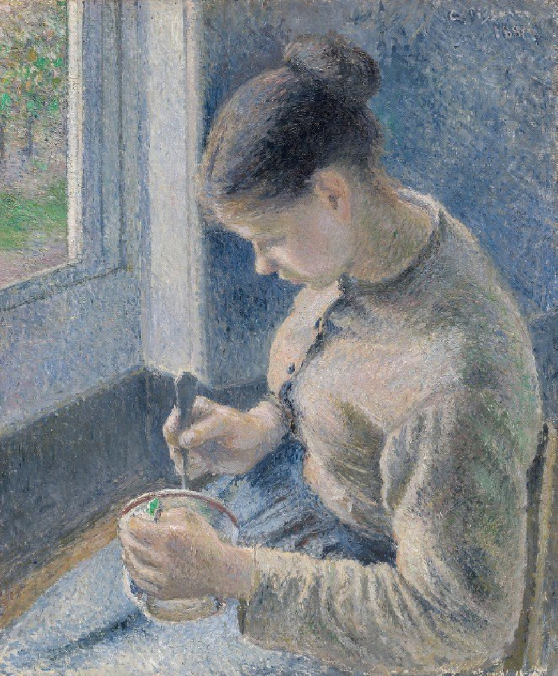 Young Peasant Having Her Coffee (1881) reproduction of painting by Camille Pissarro. ALL GICLEE PRINTS