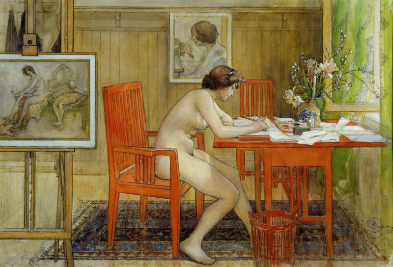 The Model Writing a Postcard (1906) reproduction of painting by Carl Larsson. ALL GICLEE PRINTS