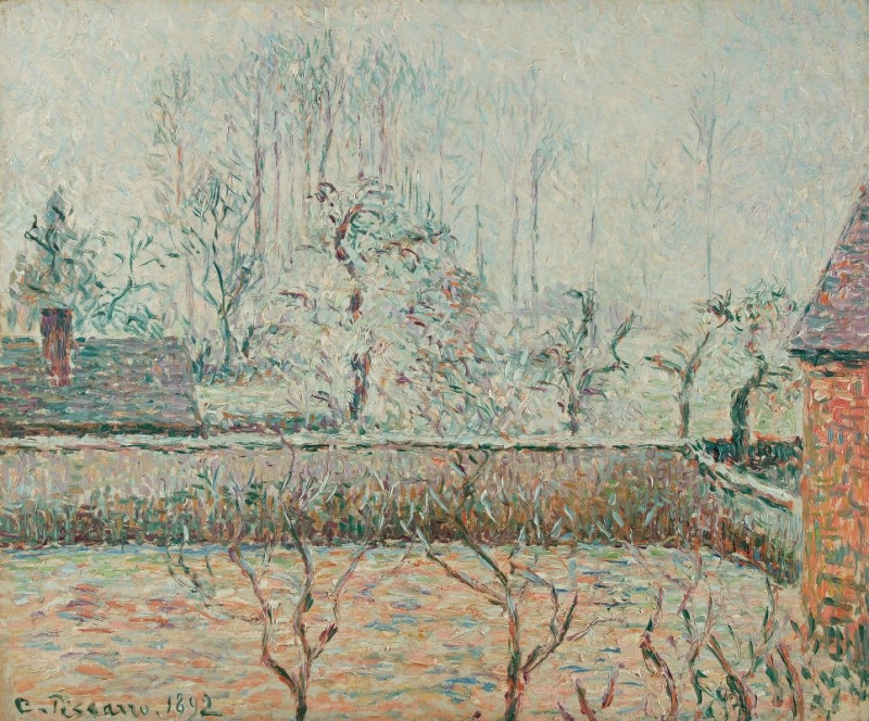 Paysage Avec Maisons Et Mur De Clôture, Givre Et Brume, Éragny (1892) reproduction of painting by Camille Pissarro. ALL GICLE...