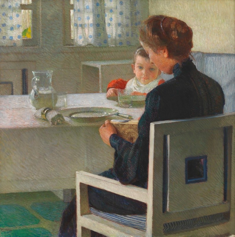 Mutter und Kind bei Tisch (Beim Frühstück) (1903) reproduction of painting by Carl Moll. ALL GICLEE PRINTS