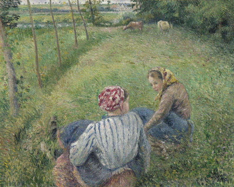 Young Peasant Girls Resting in the Fields near Pontoise (1882) reproduction of painting by Camille Pissarro. ALL GICLEE PRINTS