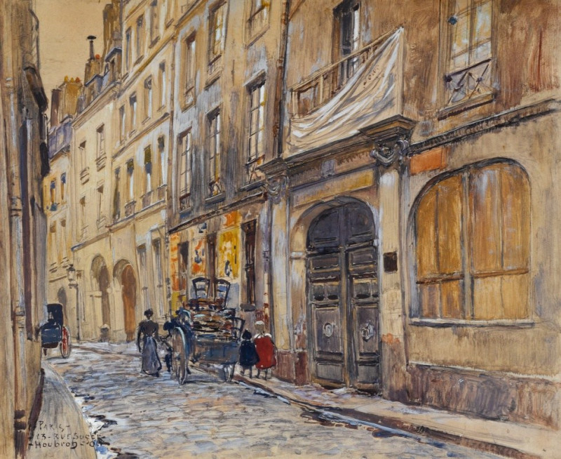 Entrée de l’ancien cimetière Saint-André, 13 rue Suger, en 1906. 6ème arrondissement (1906) reproduction of painting by Frédé...