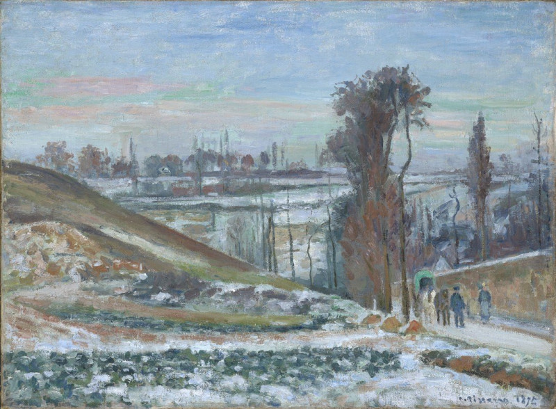 Snowy Landscape near l’Hermitage (1875) reproduction of painting by Camille Pissarro. ALL GICLEE PRINTS