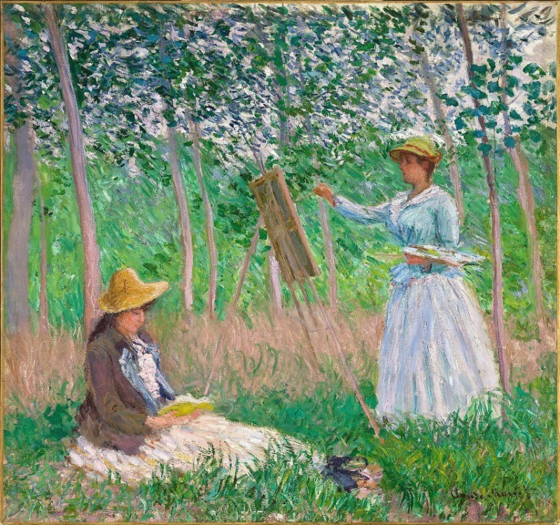 In The Woods At Giverny- Blanche Hoschedé At Her Easel With Suzanne Hoschedé Reading reproduction of painting by Oscar-Claude...