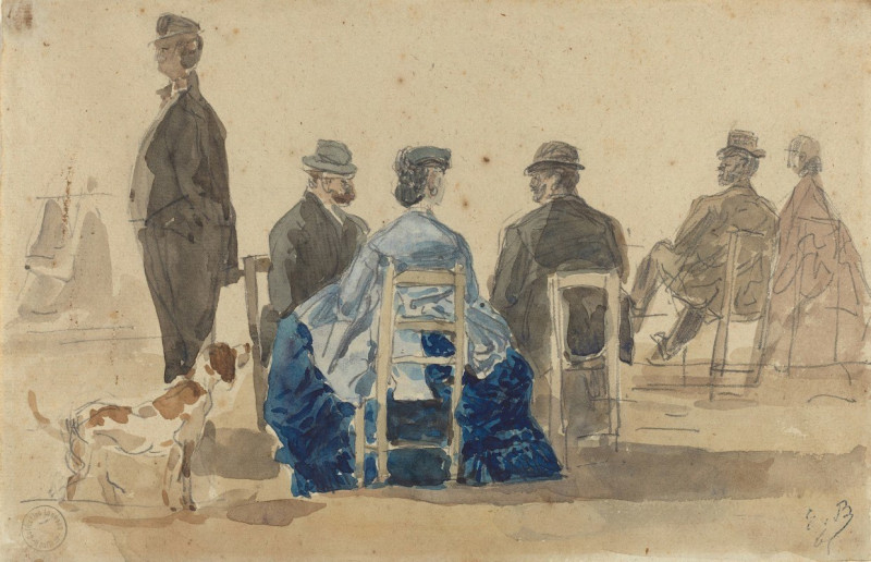 Ladies and Gentlemen Seated on the Beach with a Dog (1866) reproduction of painting by Eugène Boudin. ALL GICLEE PRINTS