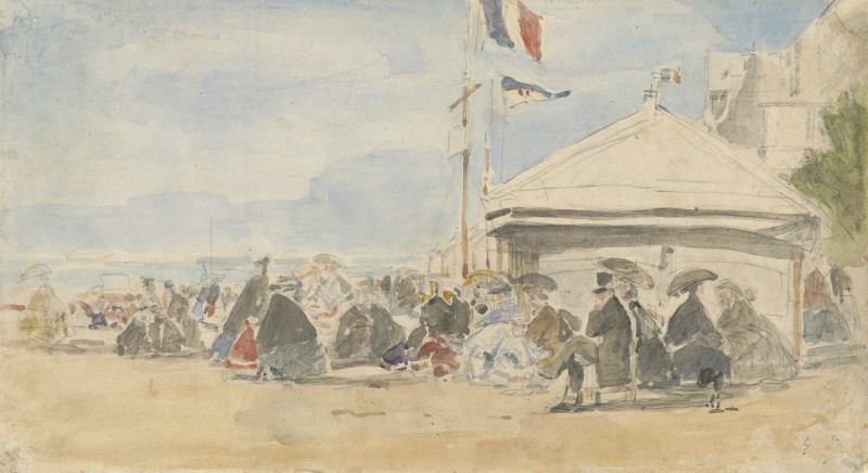 Beach House with Flags at Trouville (c. 1865) reproduction of painting by Eugène Boudin. ALL GICLEE PRINTS