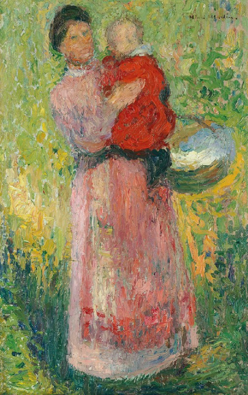 Femme portant dans ses bras un enfant en rouge reproduction of painting by Henri Martin. ALL GICLEE PRINTS