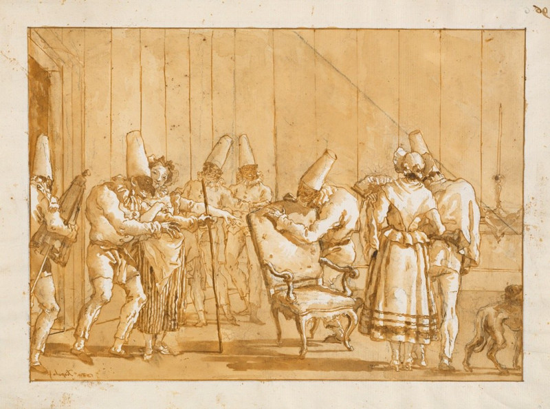 Punchinello is Helped to a Chair (1791) reproduction of painting by Giovanni Domenico Tiepolo. ALL GICLEE PRINTS