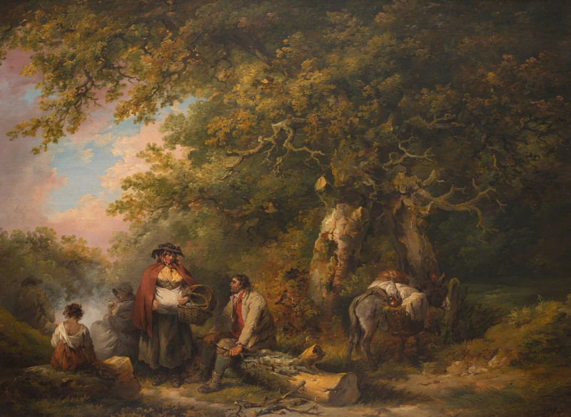 Gypsy Encampment with Seated Man Breaking Firewood (1790) reproduction of painting by George Morland. ALL GICLEE PRINTS