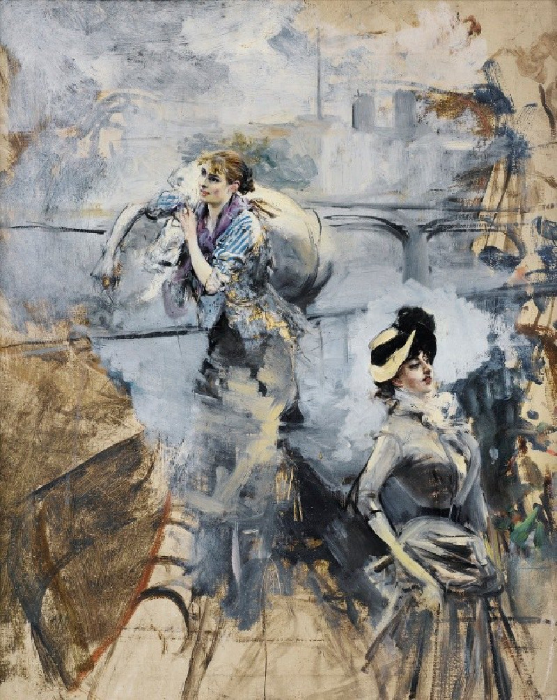 Washerwoman And a Young Brunette By The Seine, Paris reproduction of painting by Giovanni Boldini. ALL GICLEE PRINTS