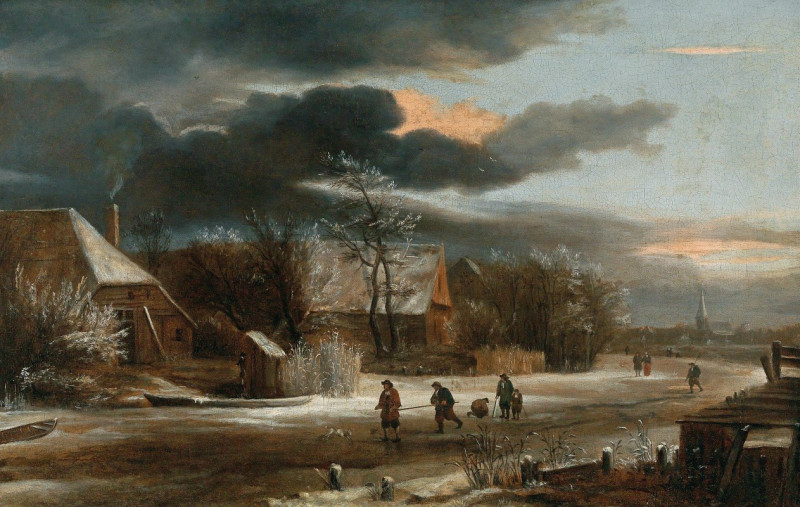 A winter landscape with a village and a frozen canal reproduction of painting by Jacob van Ruisdael. ALL GICLEE PRINTS