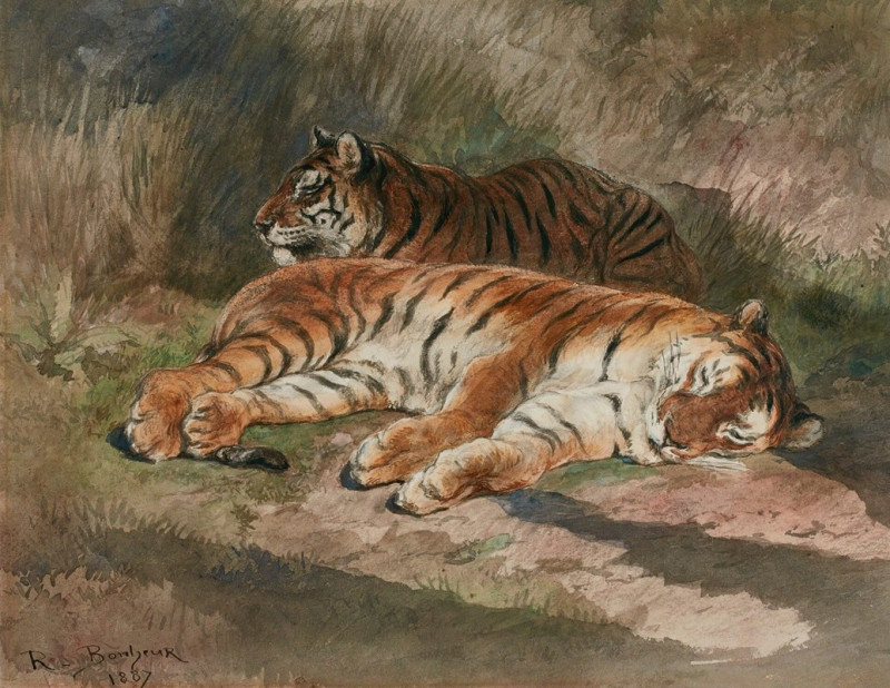 Two Recumbent Tigers (1887) reproduction of painting by Rosa Bonheur. ALL GICLEE PRINTS