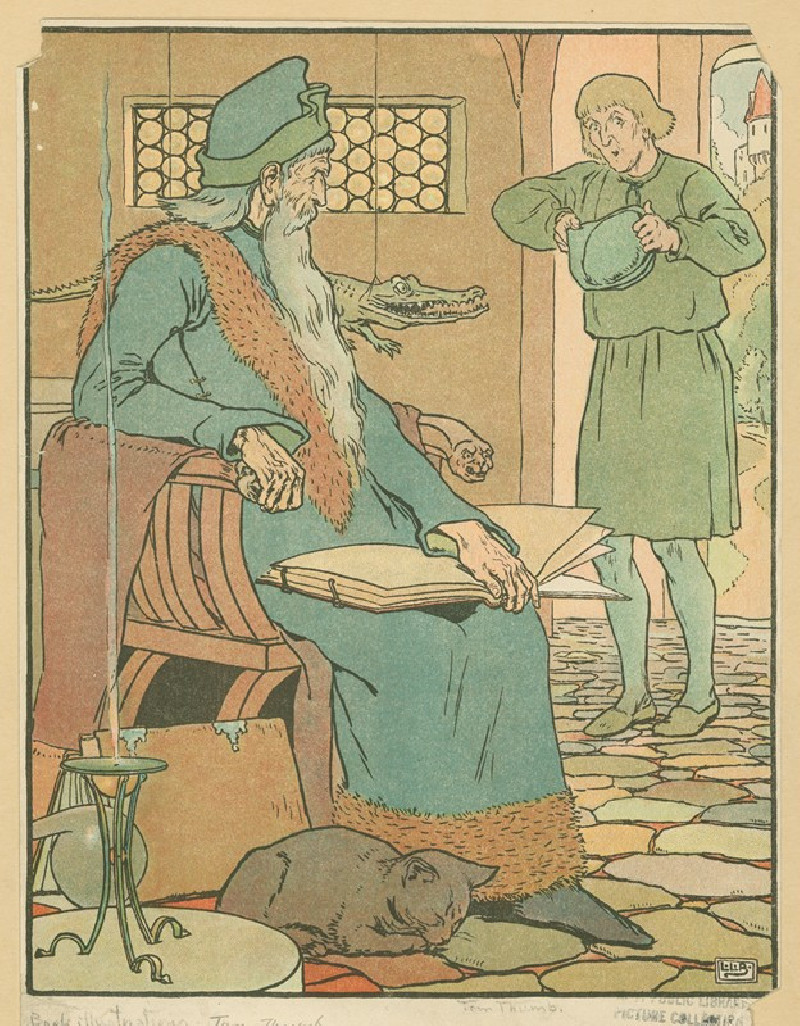 Tom’s father begs Merlin the magician to give his wife a child (1922) reproduction of painting by Leonard Leslie Brooke. ALL ...