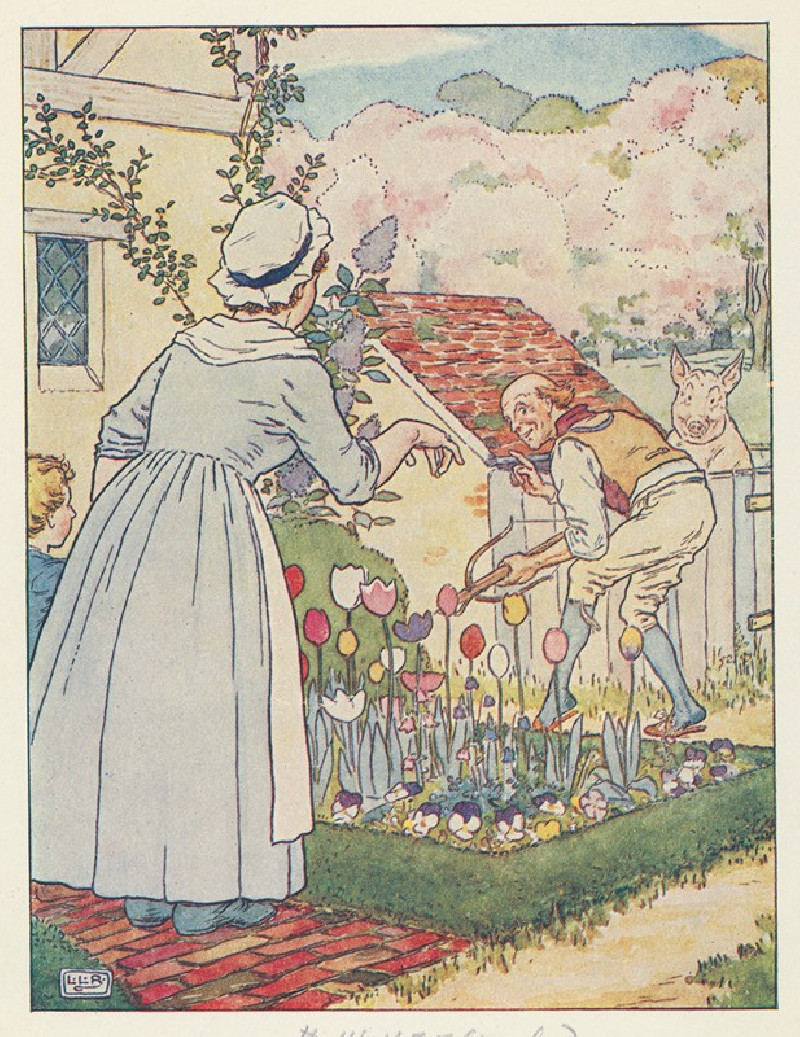 Woman and man in garden. reproduction of painting by Leonard Leslie Brooke. ALL GICLEE PRINTS