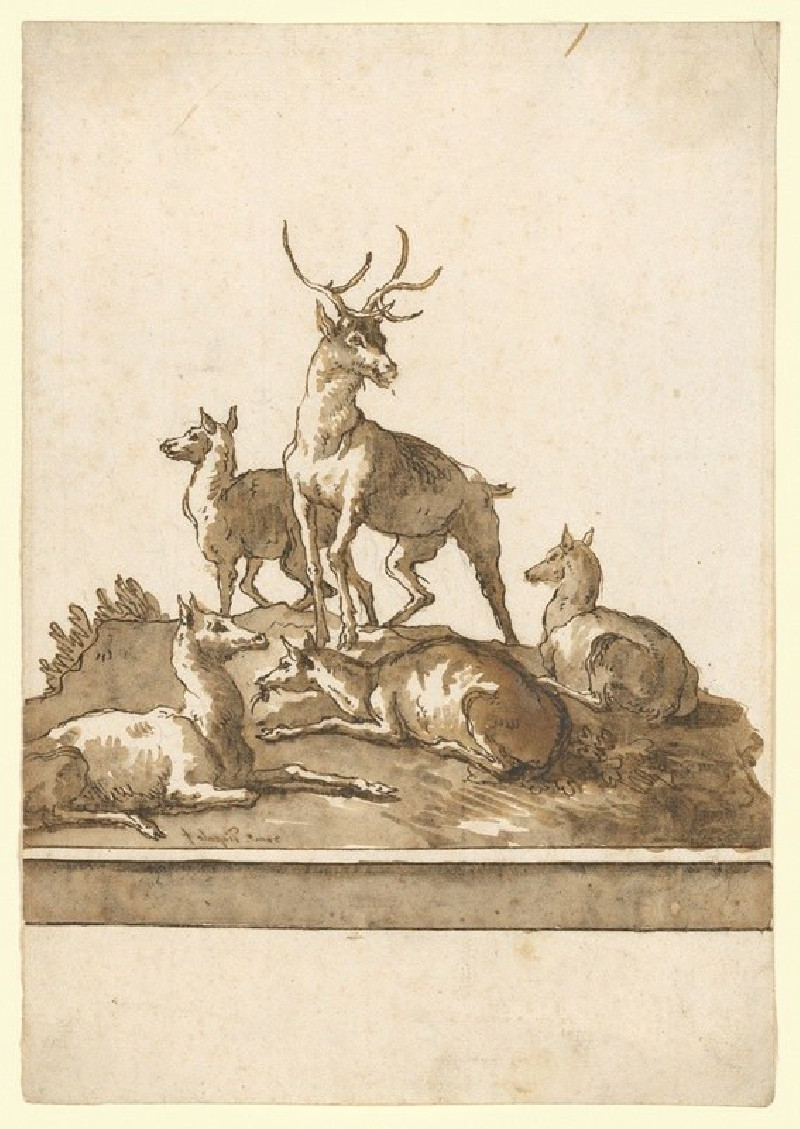 A Stag and Four Hinds on a Grassy Knoll (with Base) (after 1770) reproduction of painting by Giovanni Domenico Tiepolo. ALL G...