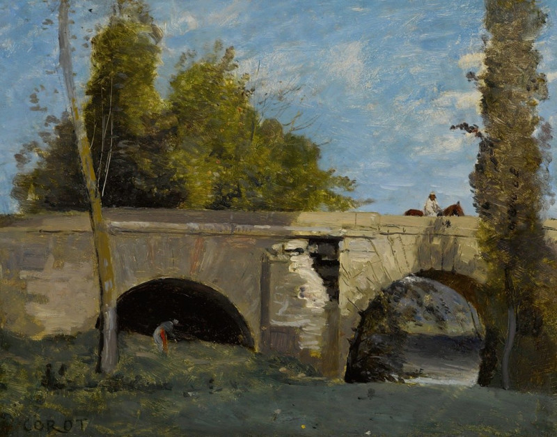 Mantes- Deux Arches Du Pont Avec Un Cavalier reproduction of painting by Jean-Baptiste-Camille Corot. ALL GICLEE PRINTS