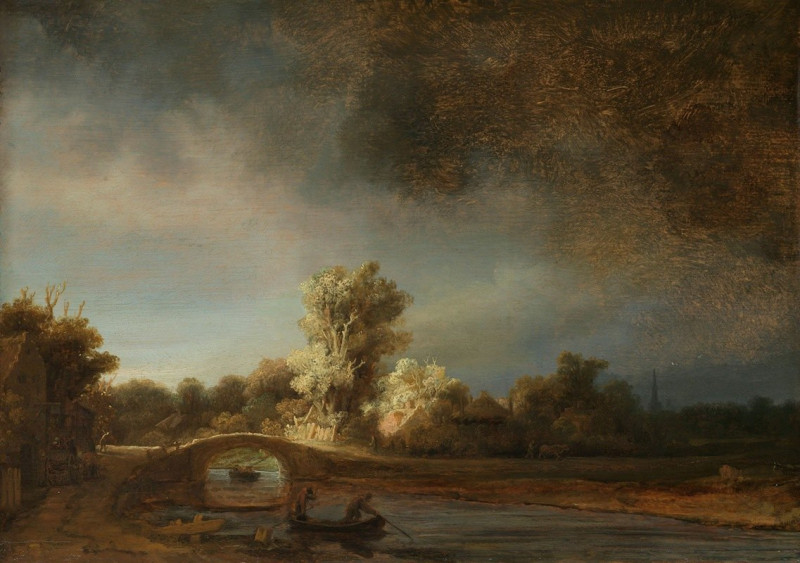 Landscape with a Stone Bridge (c. 1638) reproduction of painting by Rembrandt van Rijn. ALL GICLEE PRINTS