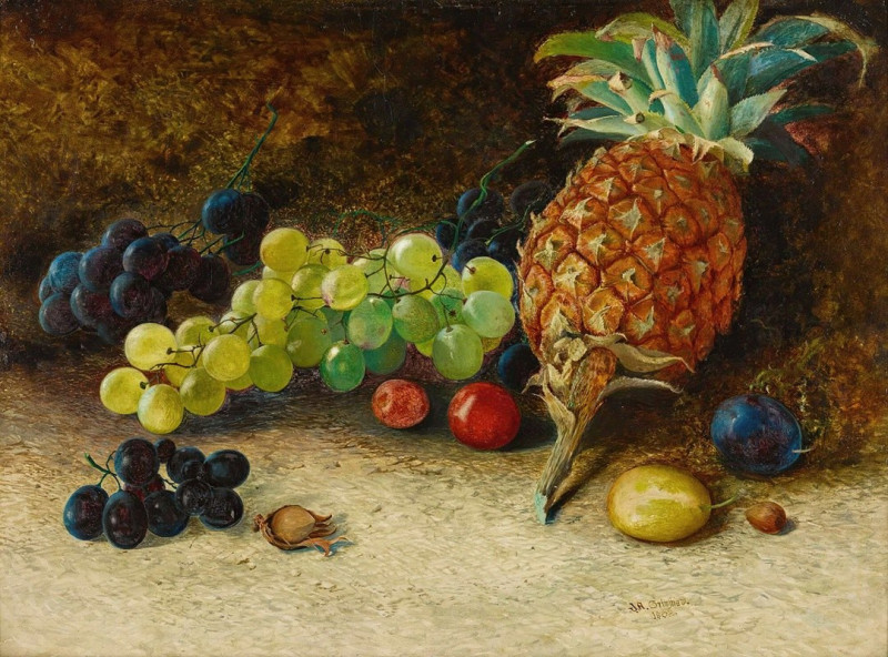 Still life with a pineapple, grapes, nuts and plums (1862) reproduction of painting by John Atkinson Grimshaw. Still-life