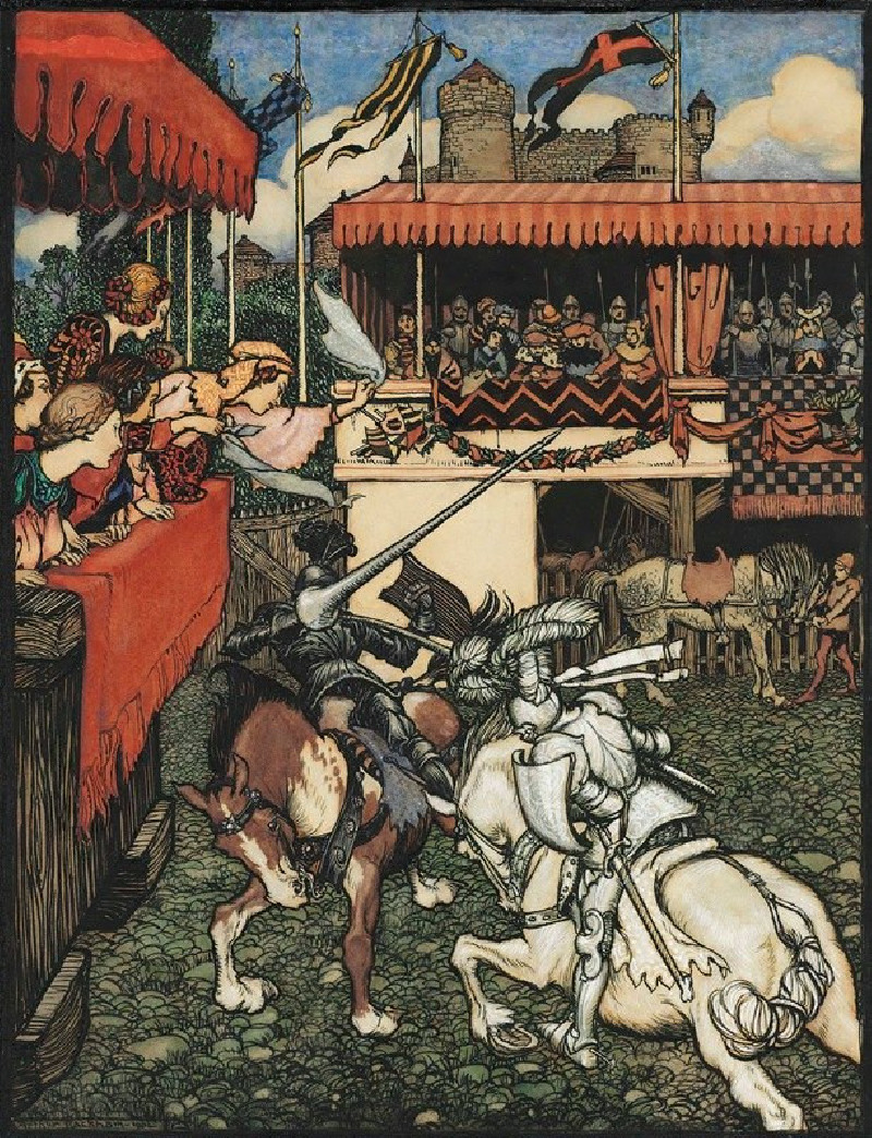 Sir Tristram defeats Sir Palamedes in Ireland (1902) reproduction of painting by Arthur Rackham. ALL GICLEE PRINTS