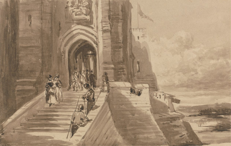 Figures on the Outer Staircase of a Castle (ca. 1840) reproduction of painting by David Cox. ALL GICLEE PRINTS