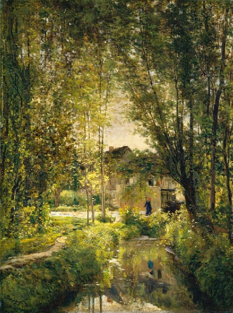 Landscape with a Sunlit Stream (ca. 1877) reproduction of painting by Charles François Daubigny. ALL GICLEE PRINTS