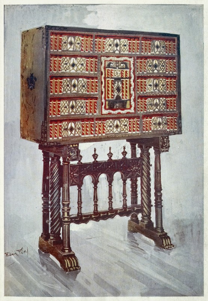 Vargueno cabinet of chestnut, ivory, etc., painted and gilt with wrought-iron and steel mounts (1910 - 1911) reproduction of ...