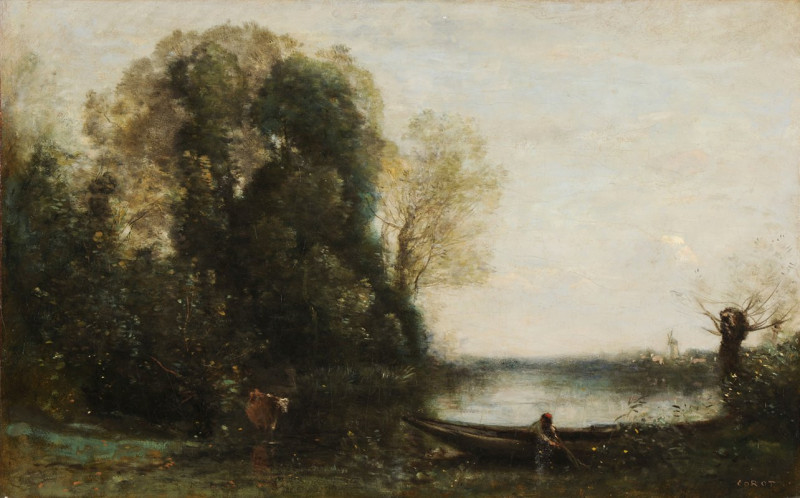 Le pêcheur en barque à la rive (1860-1865) reproduction of painting by Jean-Baptiste-Camille Corot. ALL GICLEE PRINTS