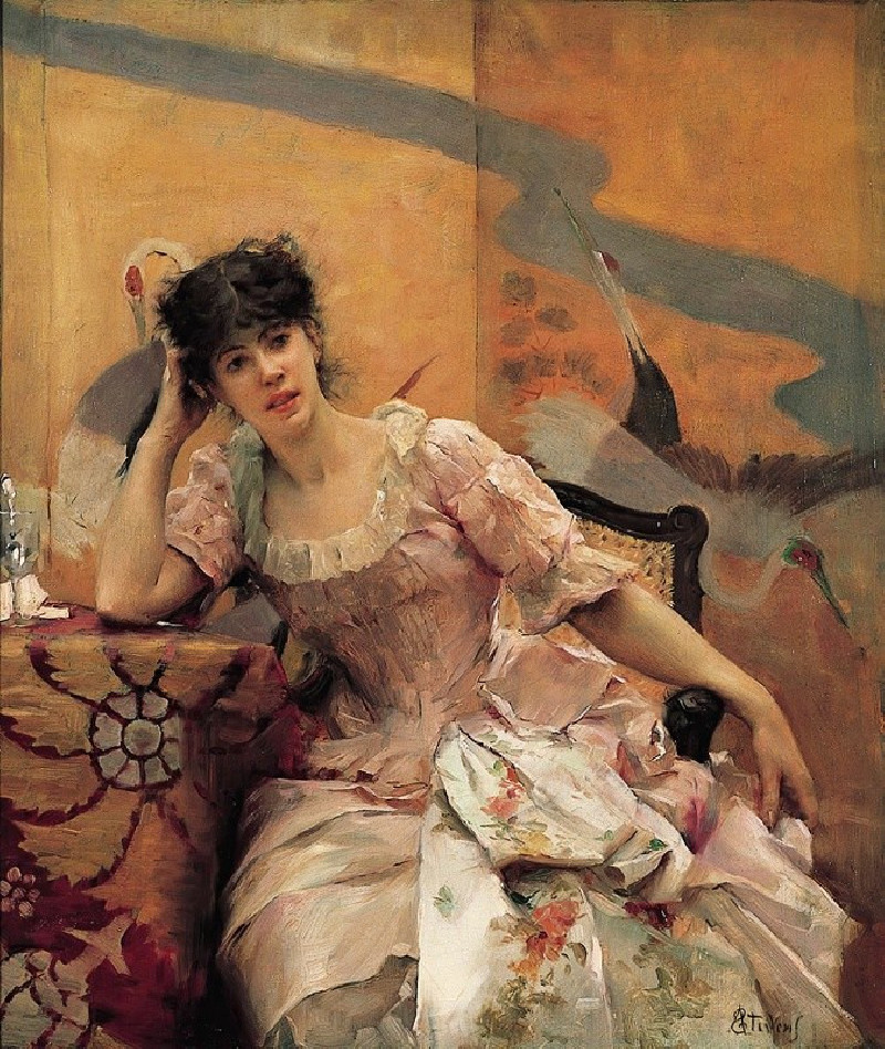 Young Woman with a Japanese Screen (ca 1880) reproduction of painting by Alfred Stevens. ALL GICLEE PRINTS