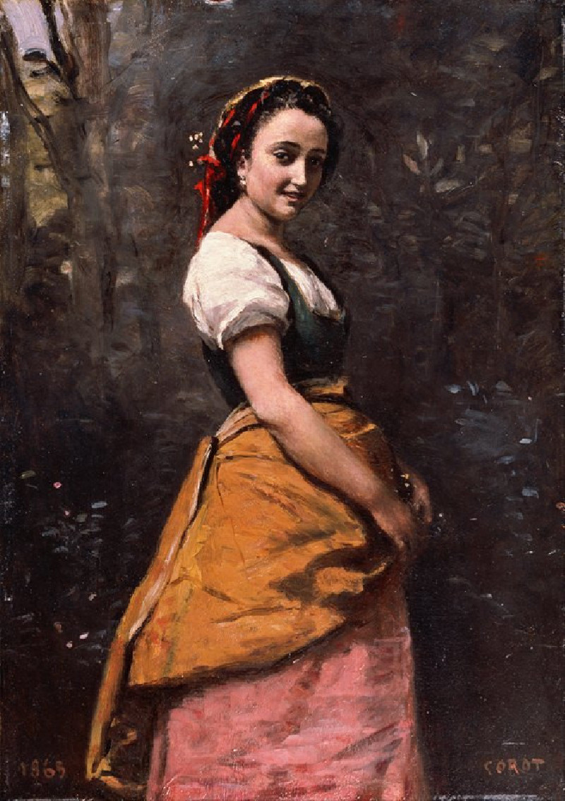 Young Woman in the Woods (1865) reproduction of painting by Jean-Baptiste-Camille Corot. ALL GICLEE PRINTS