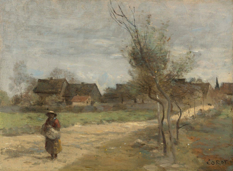 Paysanne Sur Une Route En Vue D’un Village reproduction of painting by Jean-Baptiste-Camille Corot. ALL GICLEE PRINTS