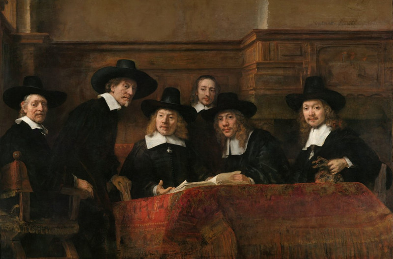 The Sampling Officials of the Amsterdam Drapers’ Guild, Known as ‘The Syndics’ (1662) reproduction of painting by Rembrandt v...