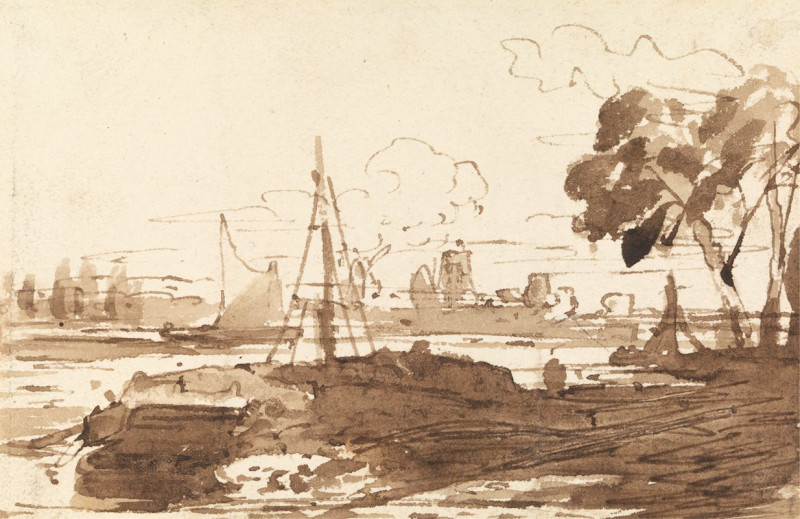 John Varley reprodukcija Ships on a River with Buildings in the Distance (ca. 1830), VISOS REPRODUKCIJOS , paveikslai, reprod...