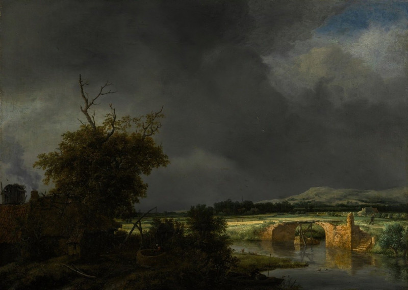 Landscape with a cottage and stone bridge under a cloudy sky reproduction of painting by Jacob van Ruisdael. ALL GICLEE PRINTS