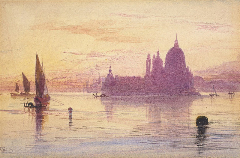 Santa Maria della Salute, Venice, at Sunset (1865-1884) reproduction of painting by Edward Lear. ALL GICLEE PRINTS