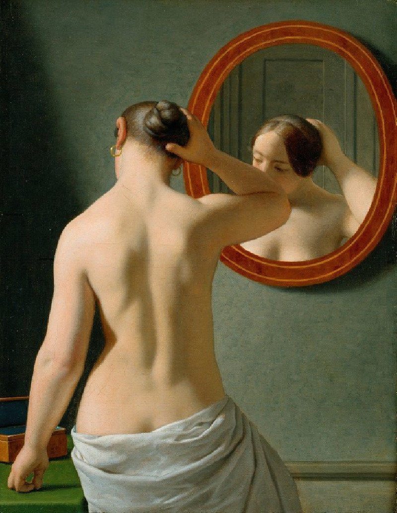 A Nude Woman Doing Her Hair Before A Mirror (1841) reproduction of painting by Christoffer Wilhelm Eckersberg. Nude