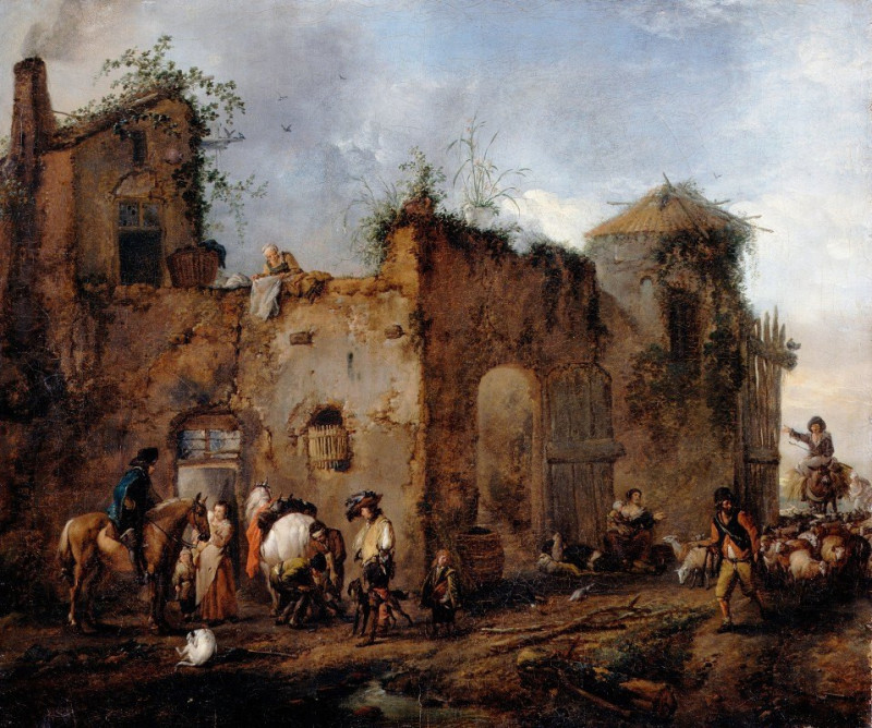 Courtyard with a Farrier shoeing a Horse reproduction of painting by Philips Wouwerman. ALL GICLEE PRINTS